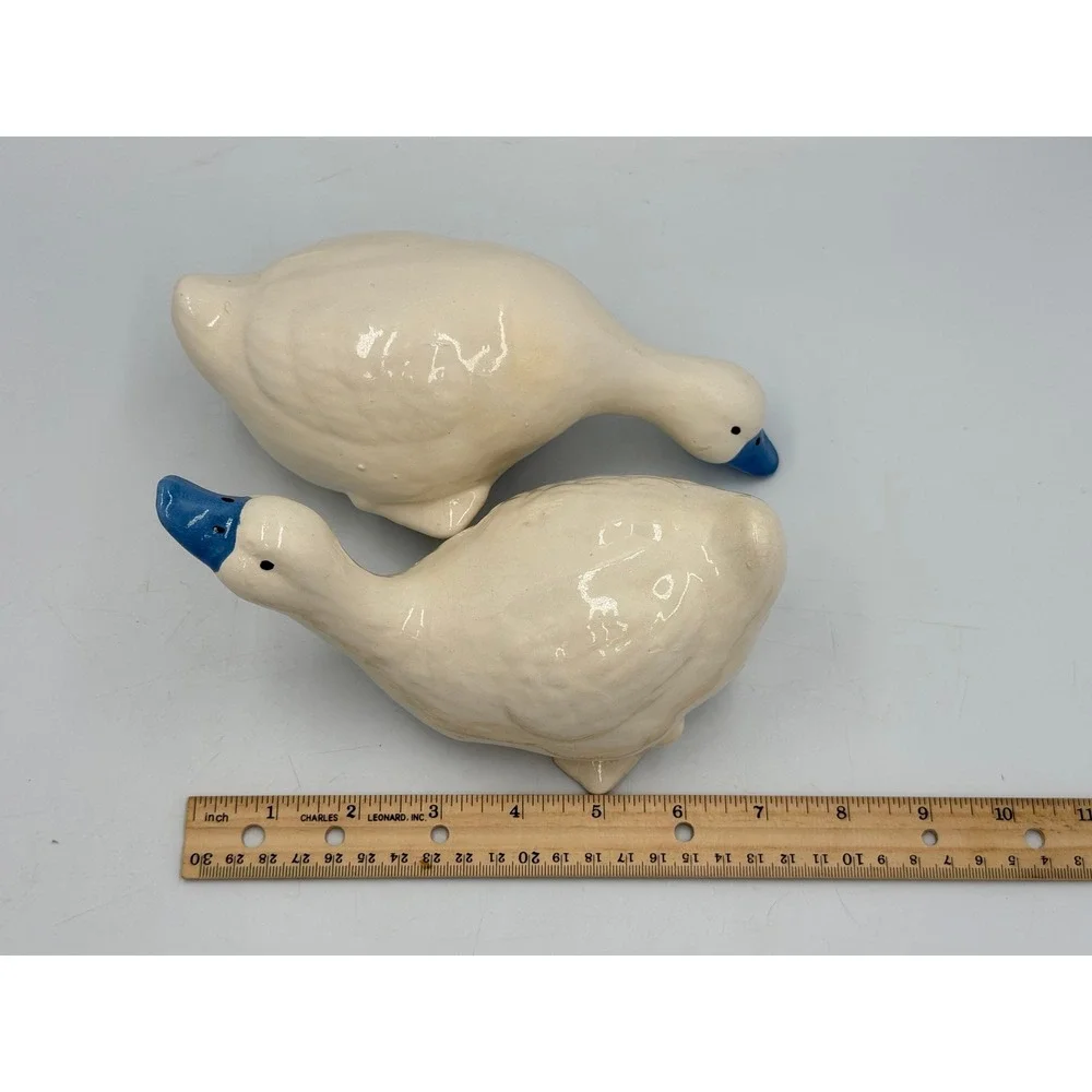 Ceramic Duck Figurines Set of 2 Cream Blue Beak Farmhouse Cottage Decor 7